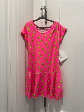 Girls' Neon Pink Smiley Print Short Sleeve Dress